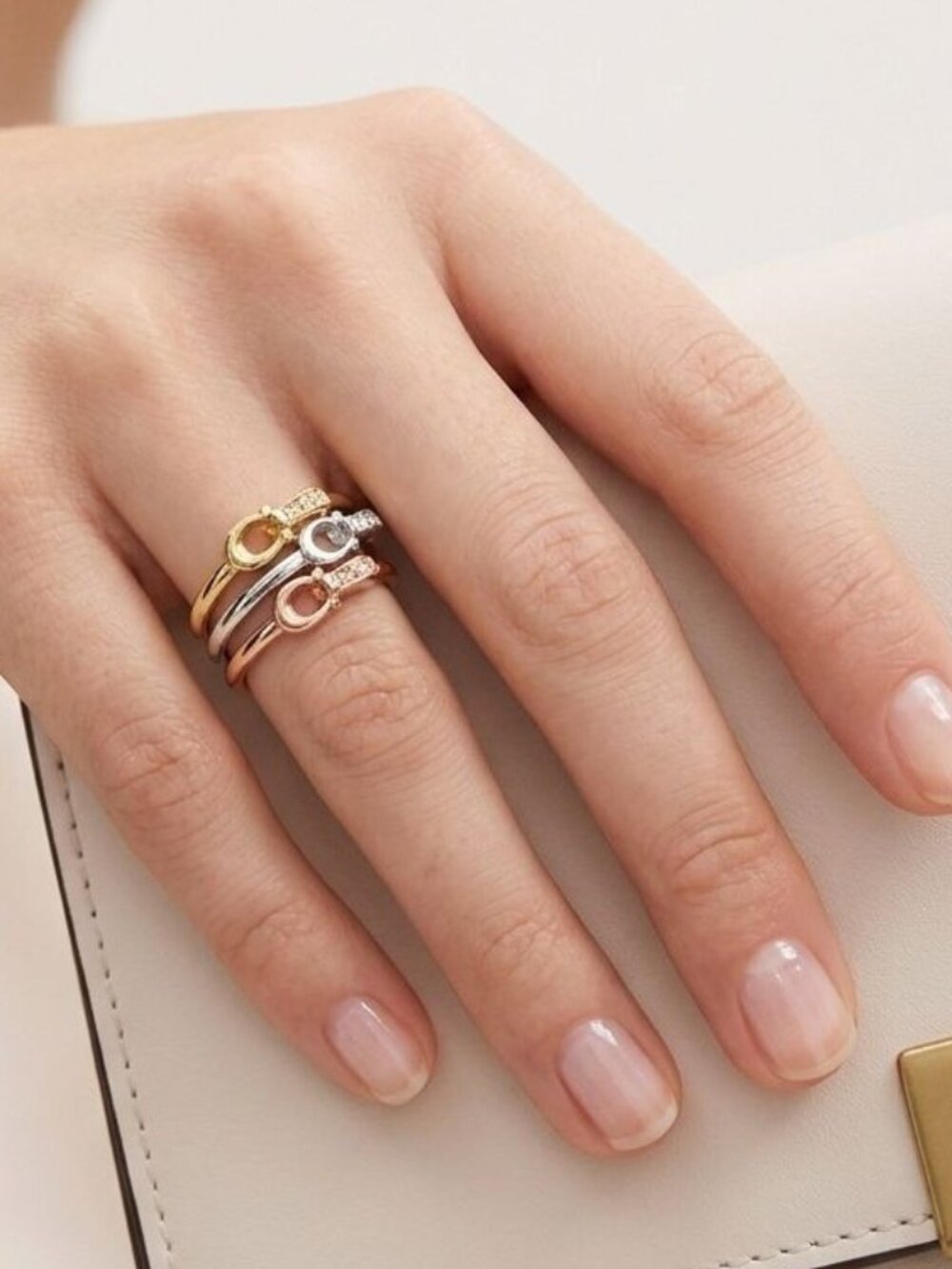 COACH  Signature logo Pave Crystals Ring Set 7 - Set of 3 Stackables Interlock - Picture 2 of 8